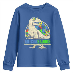 Funny Autism Awareness Dinosaur Youth Sweatshirt Autismsaurus Puzzle Pieces TS11 Royal Blue Print Your Wear