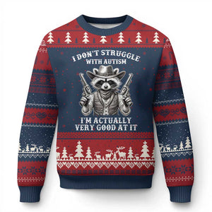 Funny Autism Awareness Cowboy Raccoon Ugly Christmas Sweater I Don't Struggle With Autism I'm Actually Very Good At It TS11 Navy Red Print Your Wear