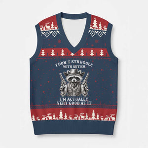 Funny Autism Awareness Cowboy Raccoon V-Neck Knit Sweater Vest I Don't Struggle With Autism I'm Actually Very Good At It TS11 Navy Red Print Your Wear