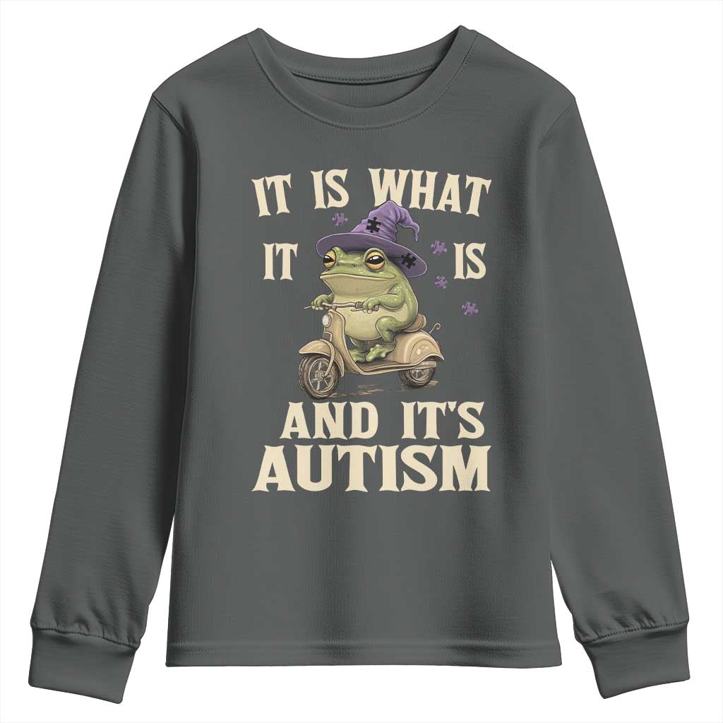 Funny It Is What It Is And It's Autism Youth Sweatshirt Meme Autism Awareness Frog TS11 Dark Heather Print Your Wear