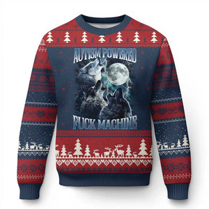 Funny Autism Powered Fuck Machine Ugly Christmas Sweater Autism Quote Alpha Wolf TS11 Navy Red Print Your Wear