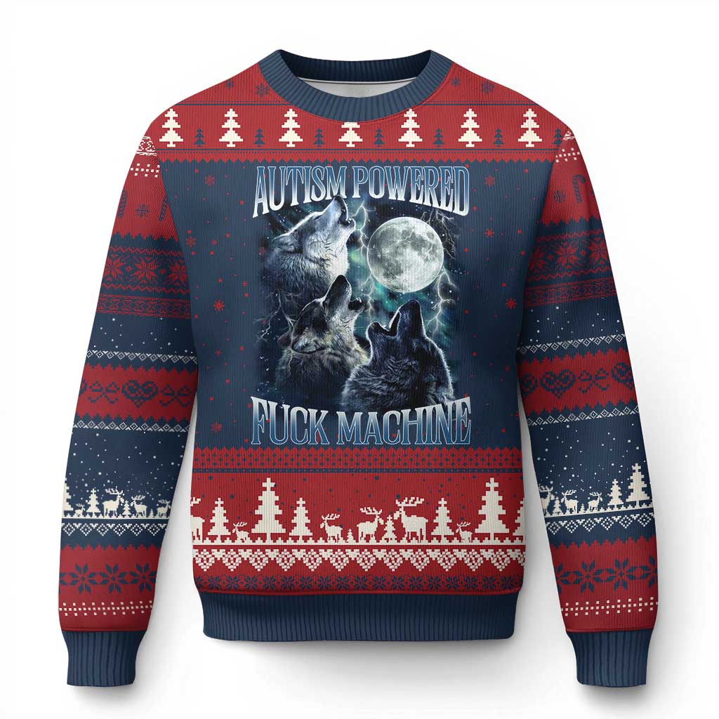 Funny Autism Powered Fuck Machine Ugly Christmas Sweater Autism Quote Alpha Wolf TS11 Navy Red Print Your Wear