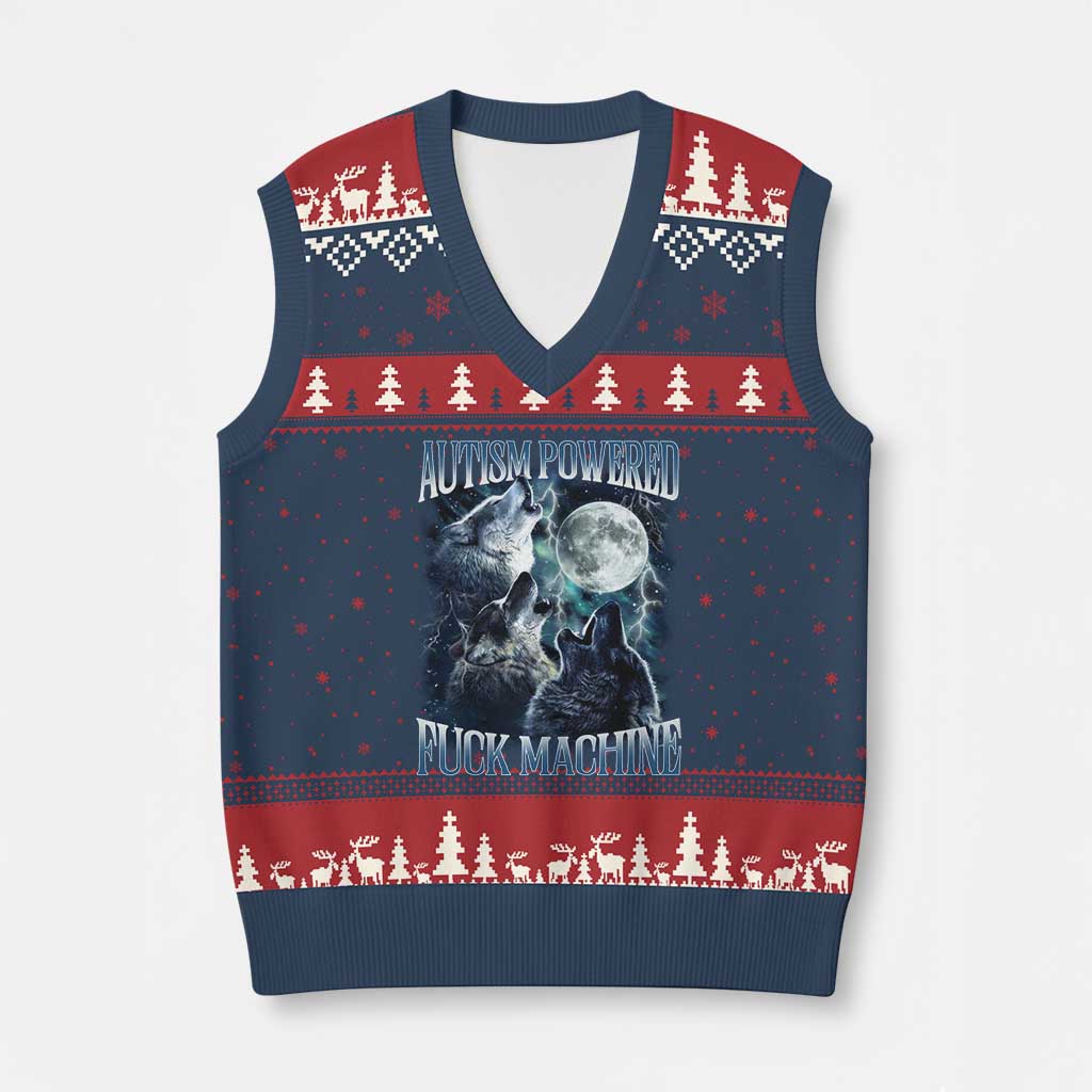 Funny Autism Powered Fuck Machine V-Neck Knit Sweater Vest Autism Quote Alpha Wolf TS11 Navy Red Print Your Wear