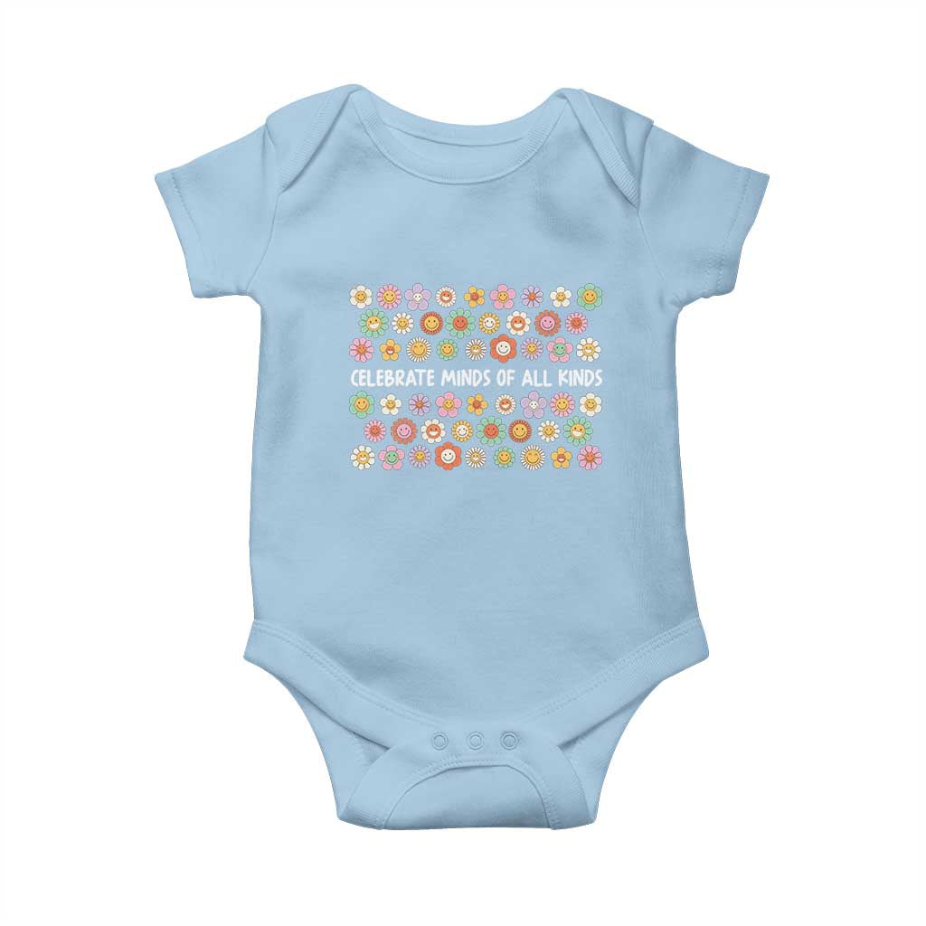 Funny Celebrate Minds Of All Kinds Baby Onesie Autism Awareness Retro Flower TS11 Light Blue Print Your Wear