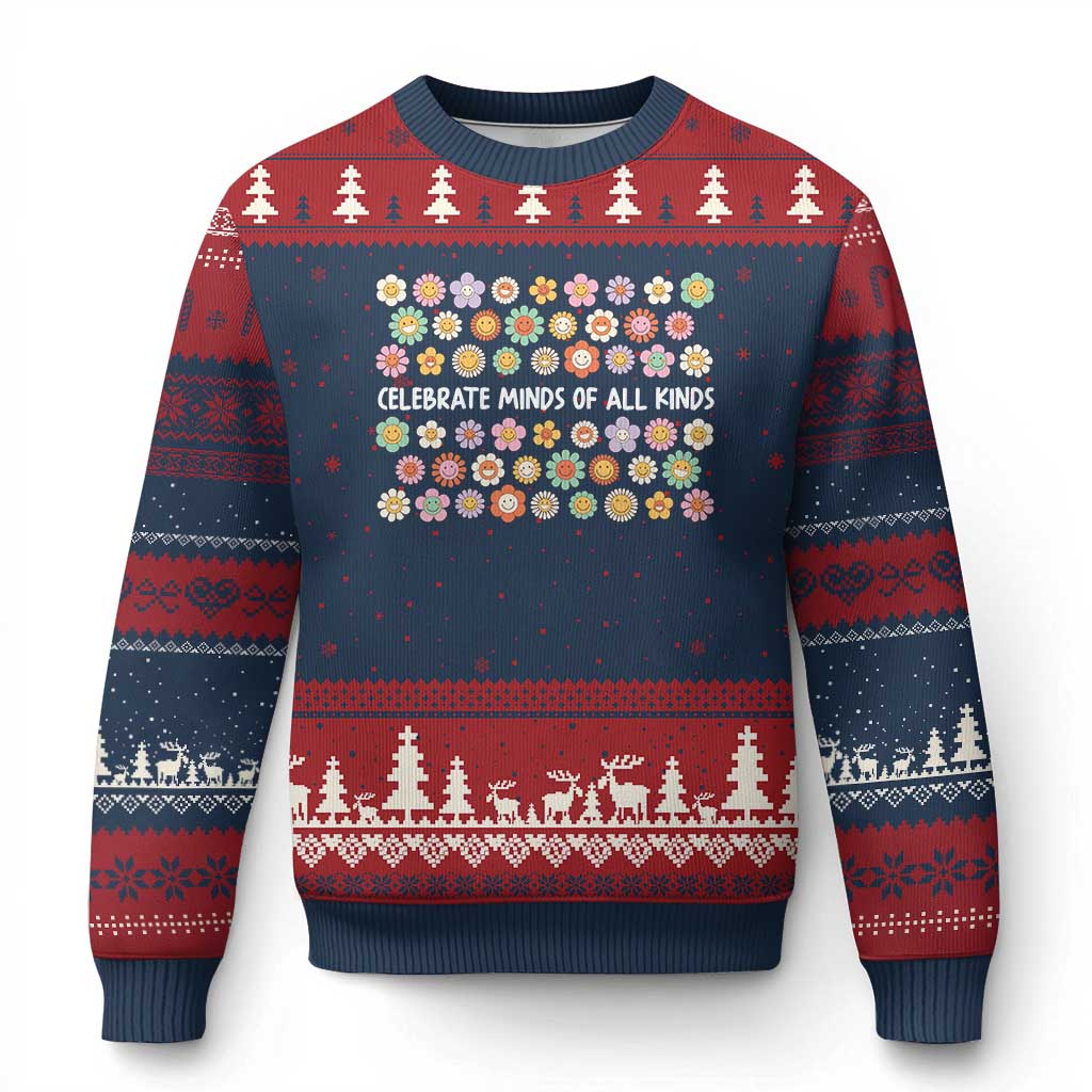 Funny Celebrate Minds Of All Kinds Ugly Christmas Sweater Autism Awareness Retro Flower TS11 Navy Red Print Your Wear