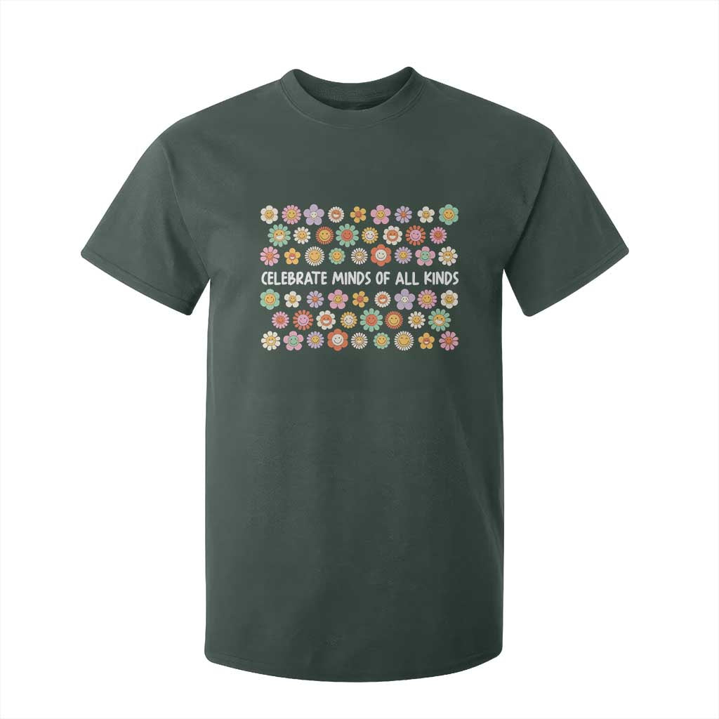 Funny Celebrate Minds Of All Kinds T Shirt For Kid Autism Awareness Retro Flower TS11 Dark Forest Green Print Your Wear
