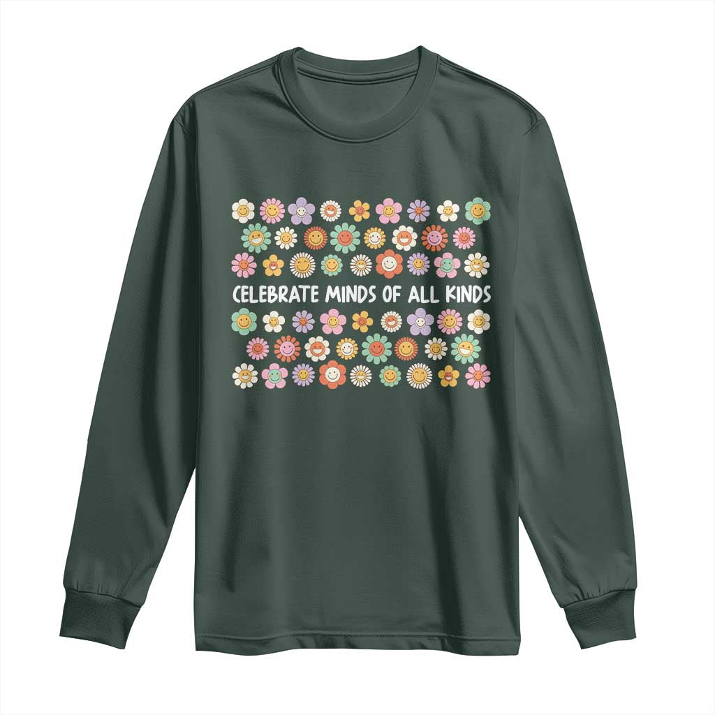 Funny Celebrate Minds Of All Kinds Long Sleeve Shirt Autism Awareness Retro Flower TS11 Dark Forest Green Print Your Wear