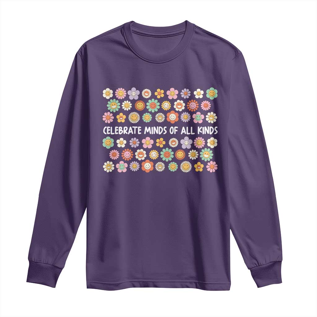 Funny Celebrate Minds Of All Kinds Long Sleeve Shirt Autism Awareness Retro Flower TS11 Purple Print Your Wear
