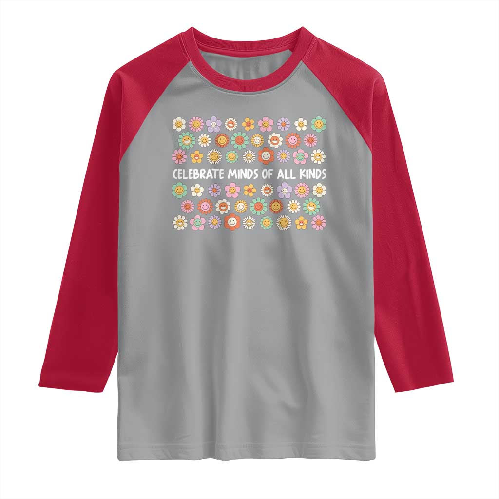 Funny Celebrate Minds Of All Kinds Raglan Shirt Autism Awareness Retro Flower TS11 Sport Gray Red Print Your Wear