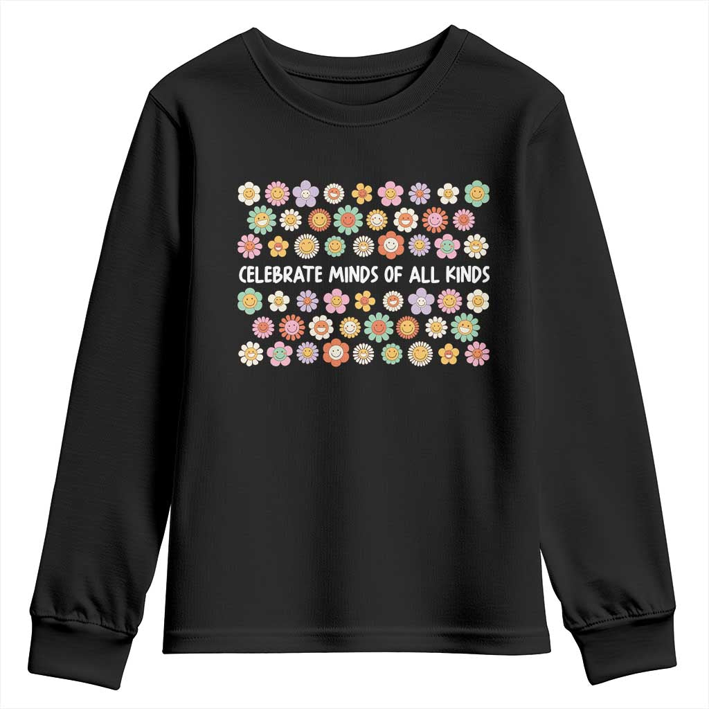 Funny Celebrate Minds Of All Kinds Youth Sweatshirt Autism Awareness Retro Flower TS11 Black Print Your Wear