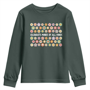 Funny Celebrate Minds Of All Kinds Youth Sweatshirt Autism Awareness Retro Flower TS11 Dark Forest Green Print Your Wear