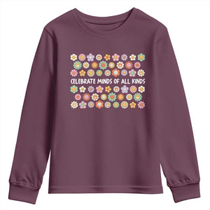 Funny Celebrate Minds Of All Kinds Youth Sweatshirt Autism Awareness Retro Flower TS11 Maroon Print Your Wear
