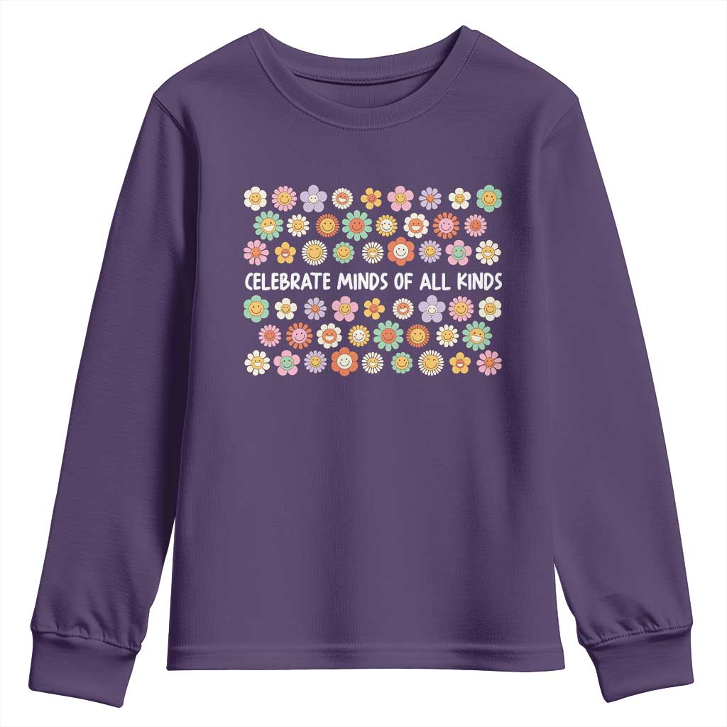 Funny Celebrate Minds Of All Kinds Youth Sweatshirt Autism Awareness Retro Flower TS11 Purple Print Your Wear