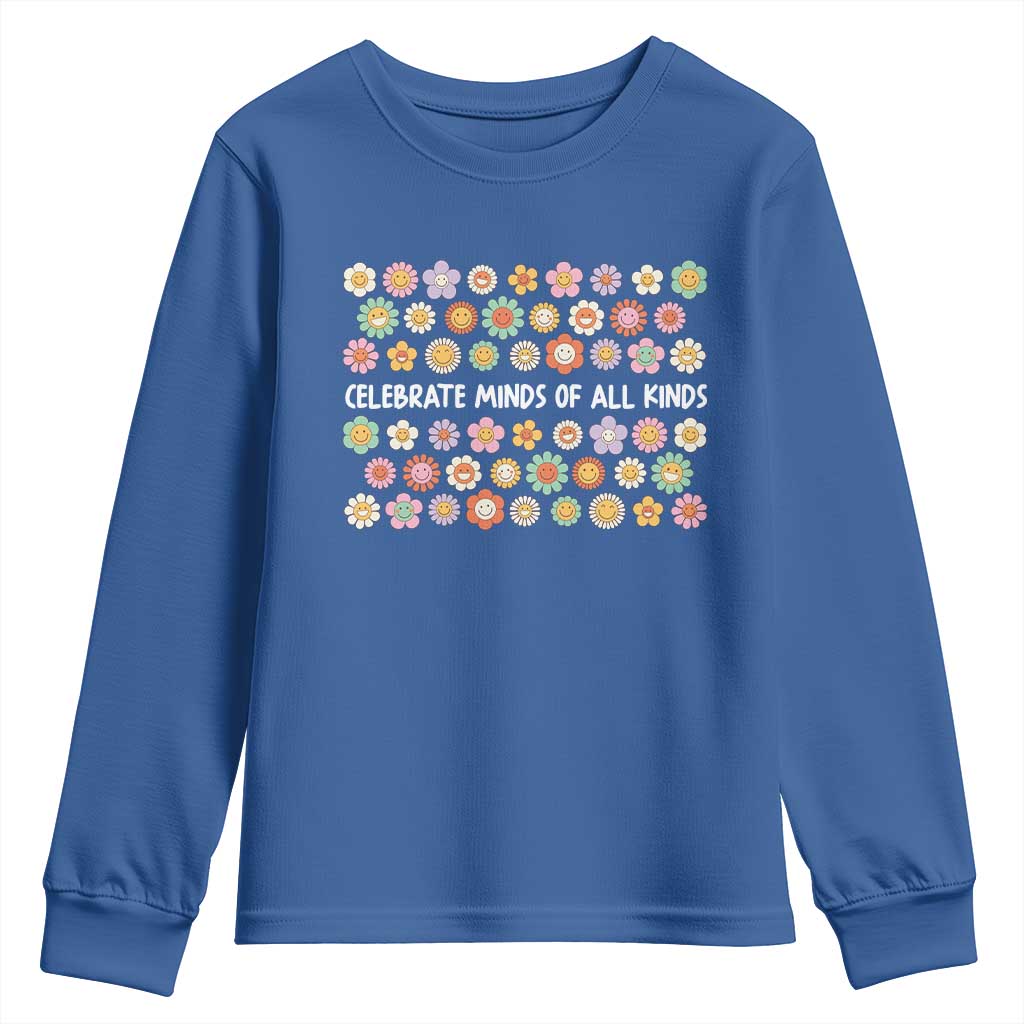Funny Celebrate Minds Of All Kinds Youth Sweatshirt Autism Awareness Retro Flower TS11 Royal Blue Print Your Wear