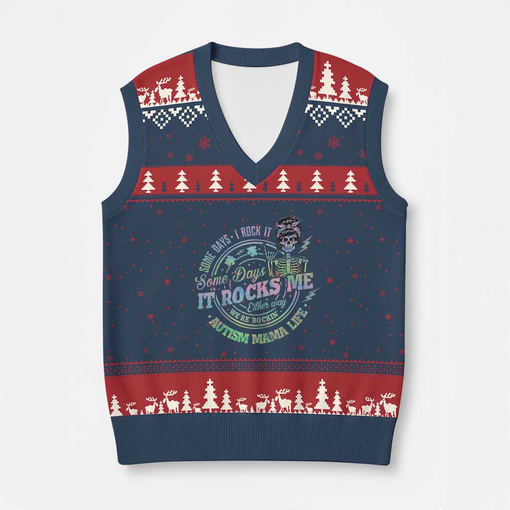Funny Autism Mama Life V-Neck Knit Sweater Vest Some Days I Rock It Some Days It Rock Me Autism Awareness TS11 Navy Red Print Your Wear