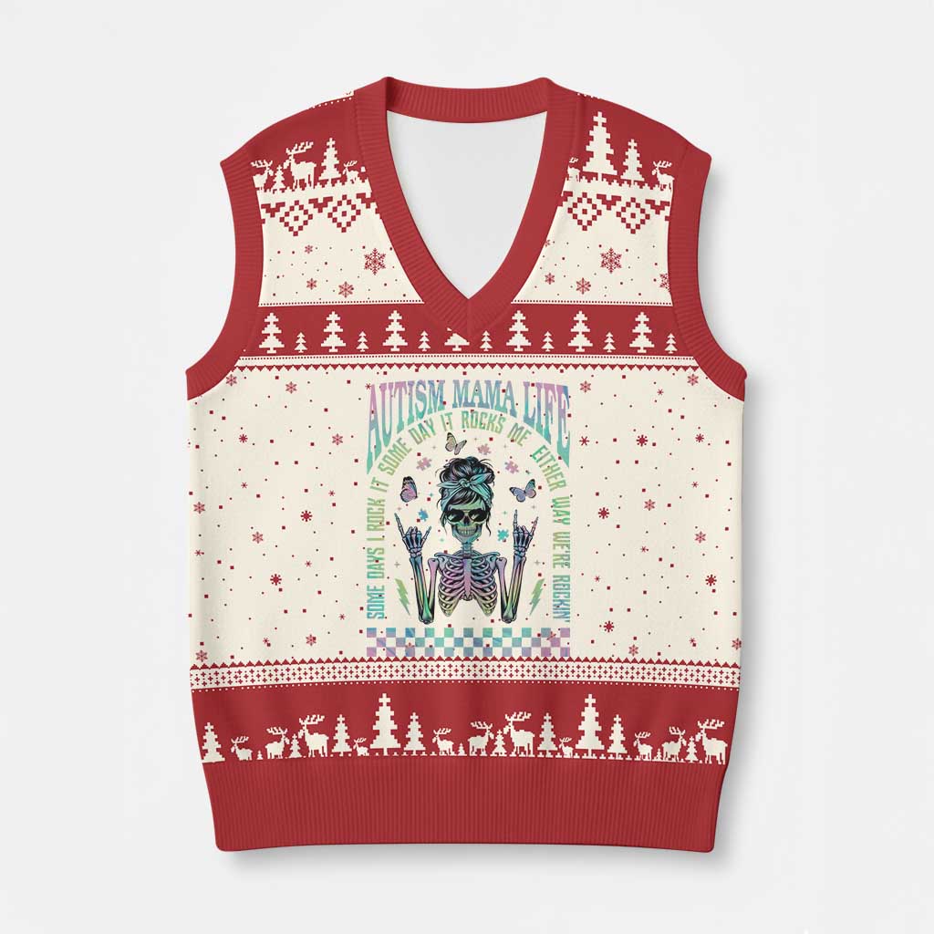 Funny Autism Mama Life V-Neck Knit Sweater Vest Some Days I Rock It Some Days It Rock Me Autism Awareness Skeleton TS11 Beige Red Print Your Wear