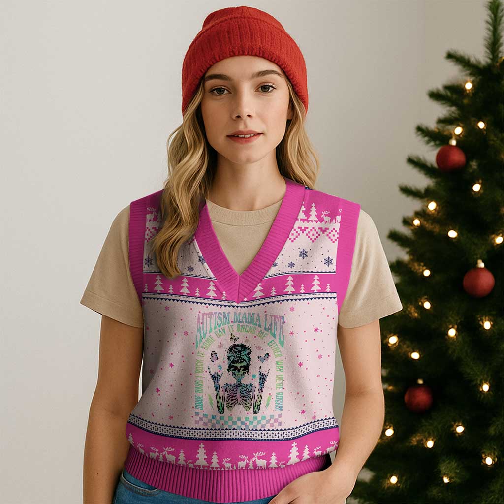 Funny Autism Mama Life V-Neck Knit Sweater Vest Some Days I Rock It Some Days It Rock Me Autism Awareness Skeleton TS11 Hot Pink Print Your Wear