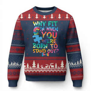 Funny Autism Awareness Ugly Christmas Sweater Why Fit In When You Were Born To Stand Out Puzzle TS11 Navy Red Print Your Wear