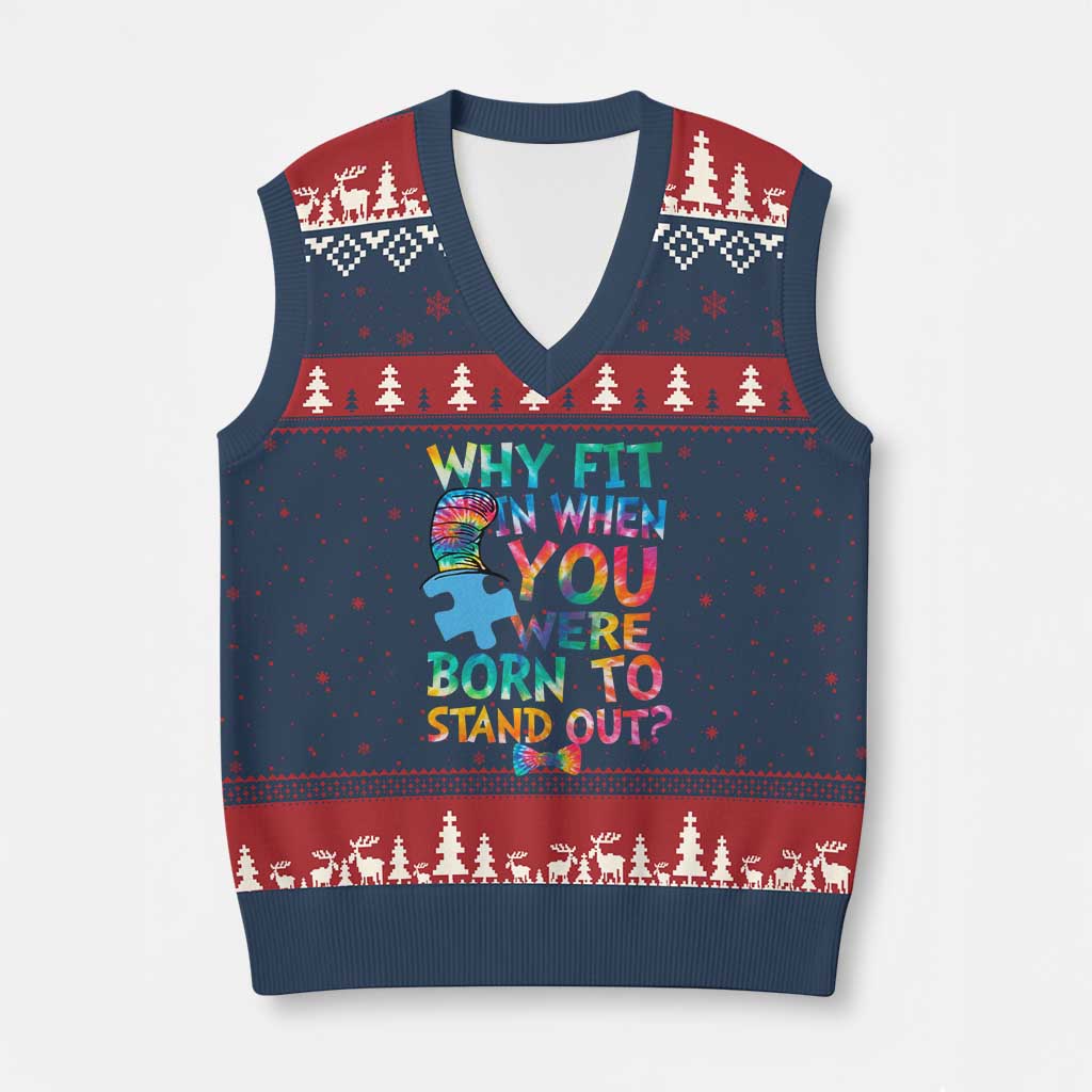 Funny Autism Awareness V-Neck Knit Sweater Vest Why Fit In When You Were Born To Stand Out Puzzle TS11 Navy Red Print Your Wear