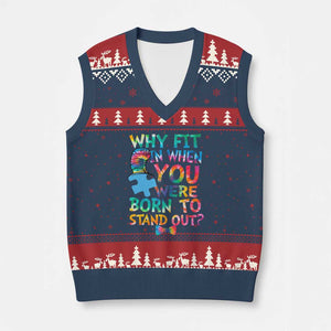 Funny Autism Awareness V-Neck Knit Sweater Vest Why Fit In When You Were Born To Stand Out Puzzle TS11 Navy Red Print Your Wear