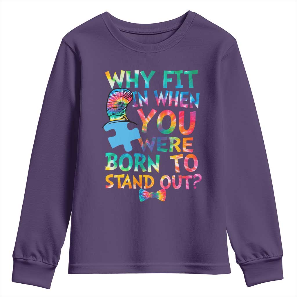 Funny Autism Awareness Youth Sweatshirt Why Fit In When You Were Born To Stand Out Puzzle TS11 Purple Print Your Wear