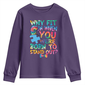 Funny Autism Awareness Youth Sweatshirt Why Fit In When You Were Born To Stand Out Puzzle TS11 Purple Print Your Wear