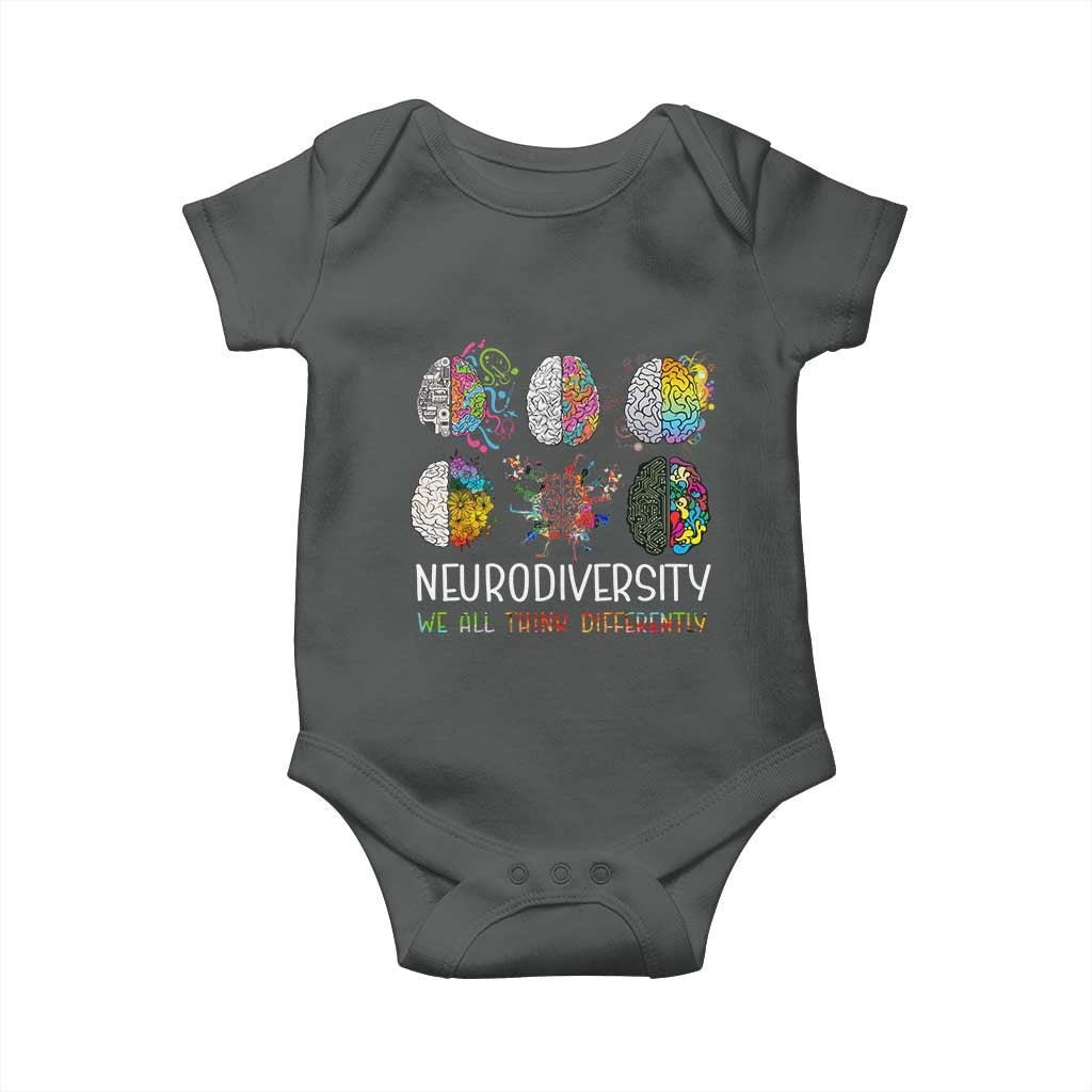 Neurodiversity We All Think Differently Baby Onesie Brain Autism Awareness ASD ADHD TS11 Dark Heather Print Your Wear