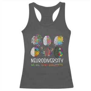 Neurodiversity We All Think Differently Racerback Tank Top Brain Autism Awareness ASD ADHD TS11 Dark Heather Print Your Wear