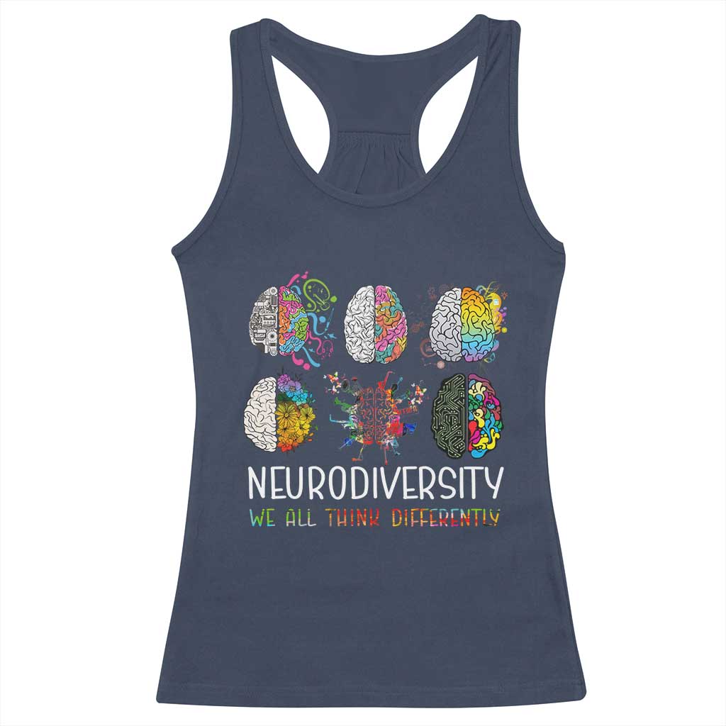 Neurodiversity We All Think Differently Racerback Tank Top Brain Autism Awareness ASD ADHD TS11 Navy Print Your Wear