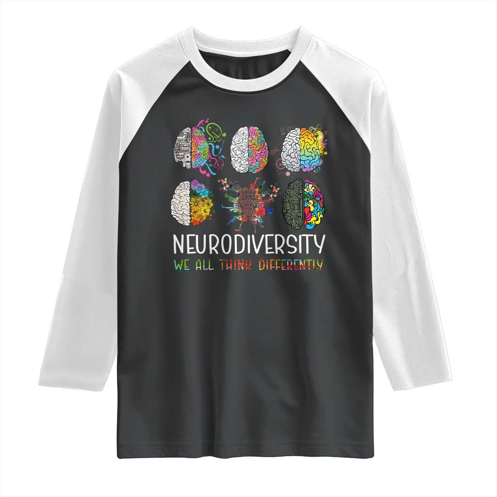 Neurodiversity We All Think Differently Raglan Shirt Brain Autism Awareness ASD ADHD TS11 Black White Print Your Wear