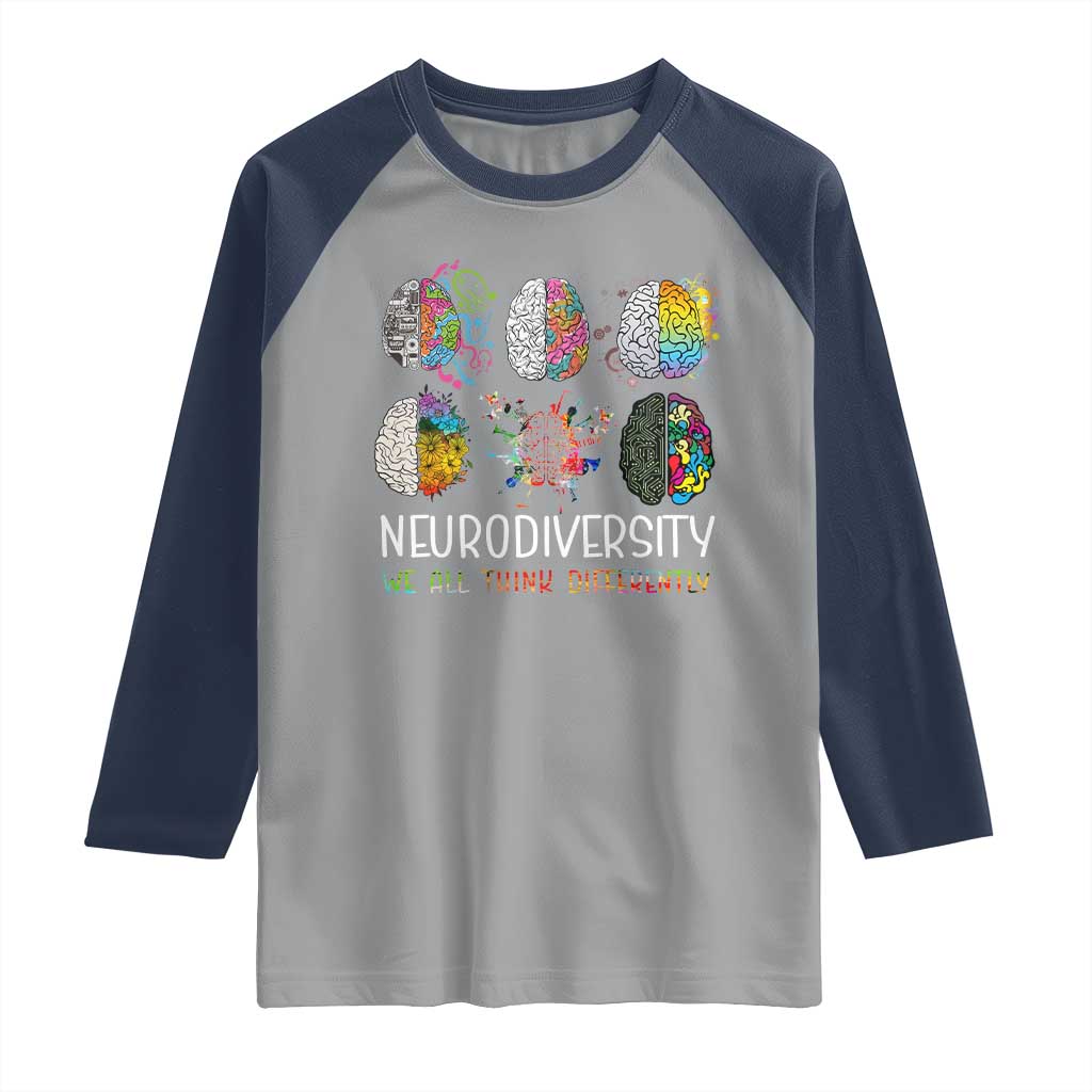Neurodiversity We All Think Differently Raglan Shirt Brain Autism Awareness ASD ADHD TS11 Sport Gray Navy Print Your Wear