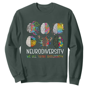 Neurodiversity We All Think Differently Sweatshirt Brain Autism Awareness ASD ADHD TS11 Dark Forest Green Print Your Wear