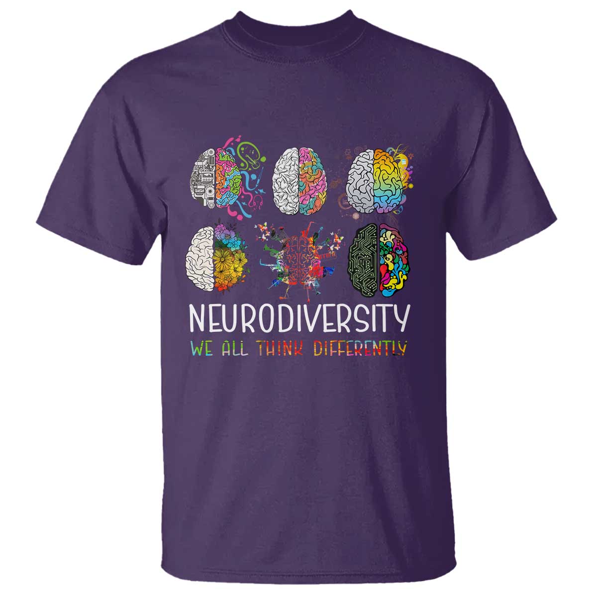 Neurodiversity We All Think Differently T Shirt Brain Autism Awareness ASD ADHD TS11 Purple Print Your Wear