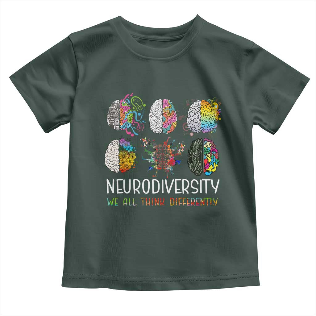 Neurodiversity We All Think Differently Toddler T Shirt Brain Autism Awareness ASD ADHD TS11 Dark Forest Green Print Your Wear