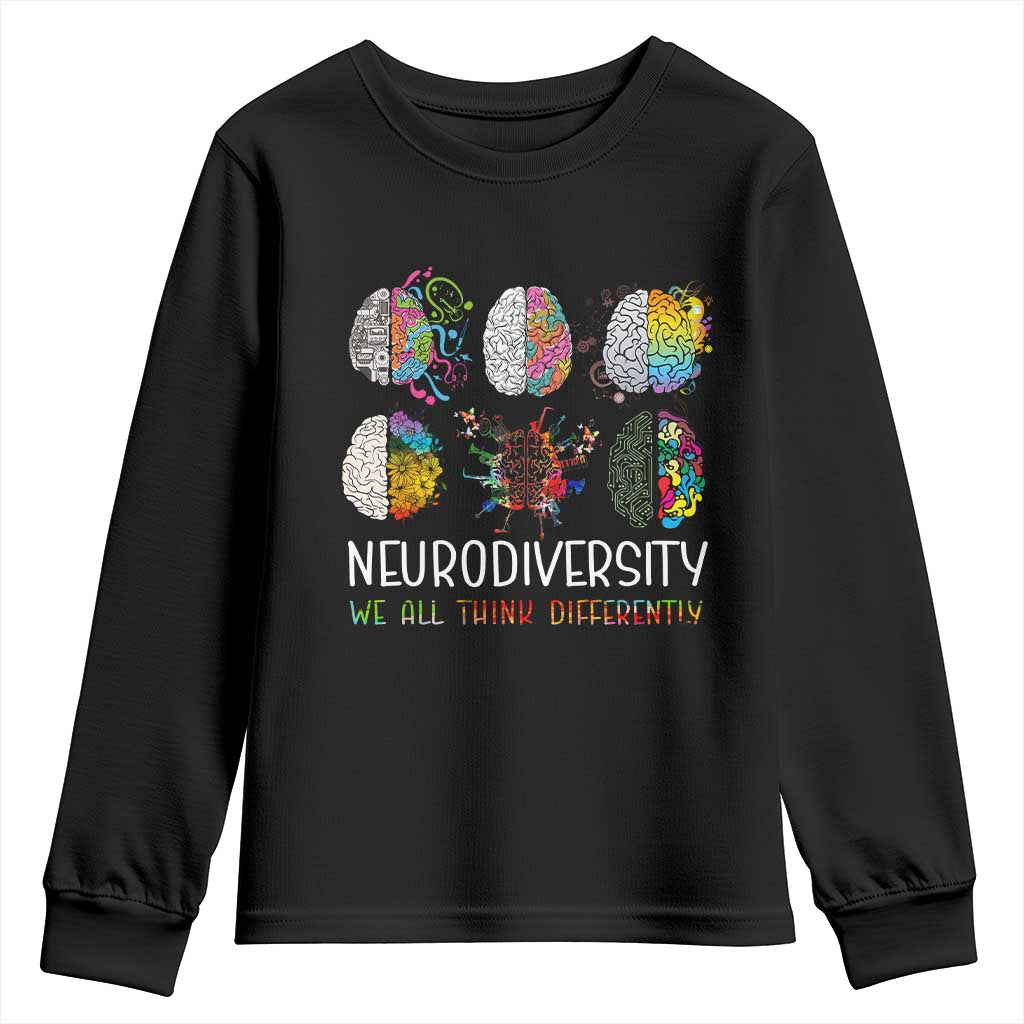 Neurodiversity We All Think Differently Youth Sweatshirt Brain Autism Awareness ASD ADHD TS11 Black Print Your Wear