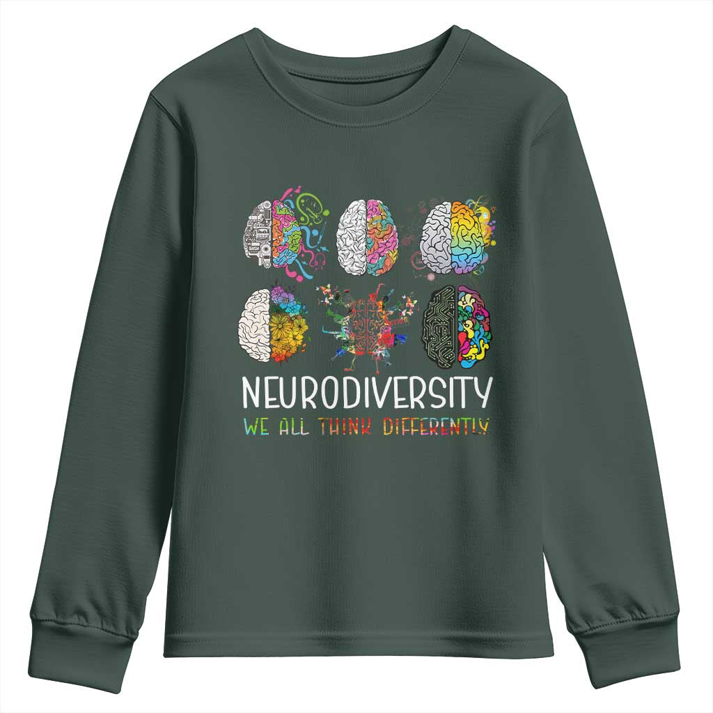 Neurodiversity We All Think Differently Youth Sweatshirt Brain Autism Awareness ASD ADHD TS11 Dark Forest Green Print Your Wear