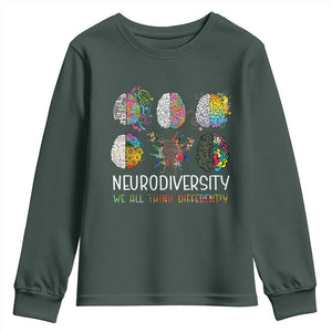Neurodiversity We All Think Differently Youth Sweatshirt Brain Autism Awareness ASD ADHD TS11 Dark Forest Green Print Your Wear
