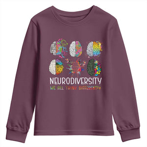 Neurodiversity We All Think Differently Youth Sweatshirt Brain Autism Awareness ASD ADHD TS11 Maroon Print Your Wear