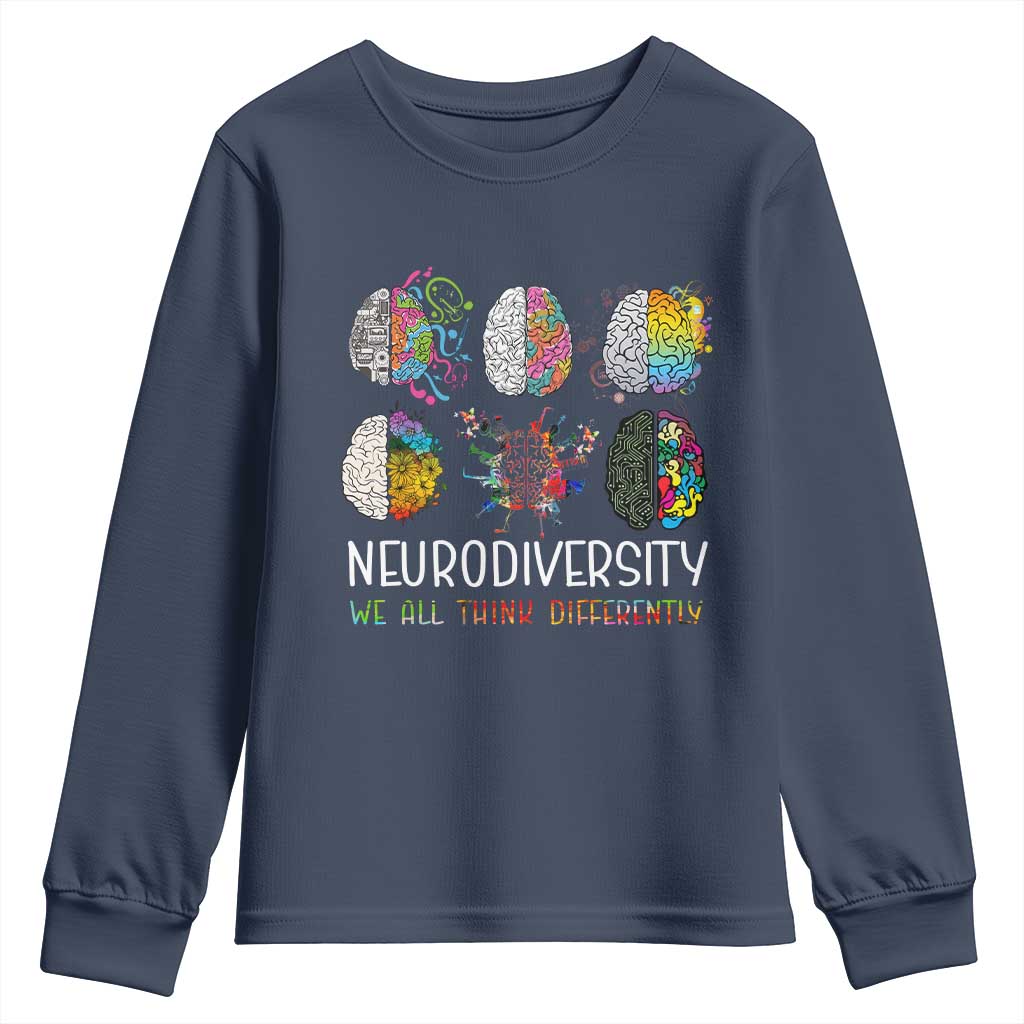 Neurodiversity We All Think Differently Youth Sweatshirt Brain Autism Awareness ASD ADHD TS11 Navy Print Your Wear
