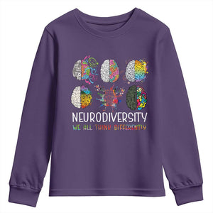 Neurodiversity We All Think Differently Youth Sweatshirt Brain Autism Awareness ASD ADHD TS11 Purple Print Your Wear