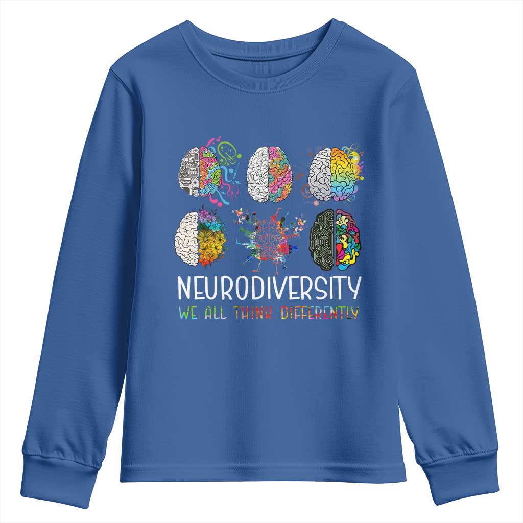 Neurodiversity We All Think Differently Youth Sweatshirt Brain Autism Awareness ASD ADHD TS11 Royal Blue Print Your Wear