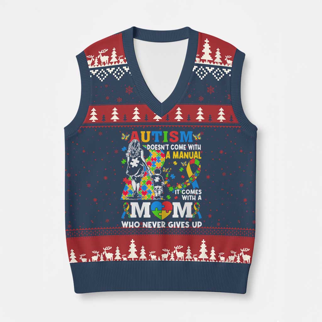 Autism Mom V-Neck Knit Sweater Vest Autism Doesn't Come With A Manual It Comes With A Mom TS11 Navy Red Print Your Wear