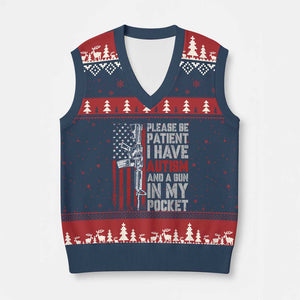 Funny Please Be Patient I Have Autism And A Gun In My Pocket V-Neck Knit Sweater Vest Autism Awareness Vintage American Flag TS11 Navy Red Print Your Wear
