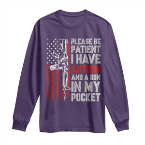 Funny Please Be Patient I Have Autism And A Gun In My Pocket Long Sleeve Shirt Autism Awareness Vintage American Flag TS11 Purple Print Your Wear