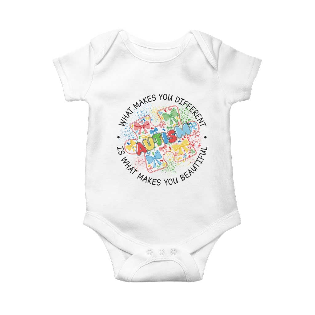 Funny Autism Awareness What Makes You Different Is What Makes You Beautiful Baby Onesie Coquette Puzzle TS11 White Print Your Wear