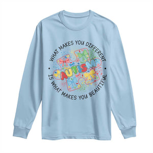 Funny Autism Awareness What Makes You Different Is What Makes You Beautiful Long Sleeve Shirt Coquette Puzzle TS11 Light Blue Print Your Wear