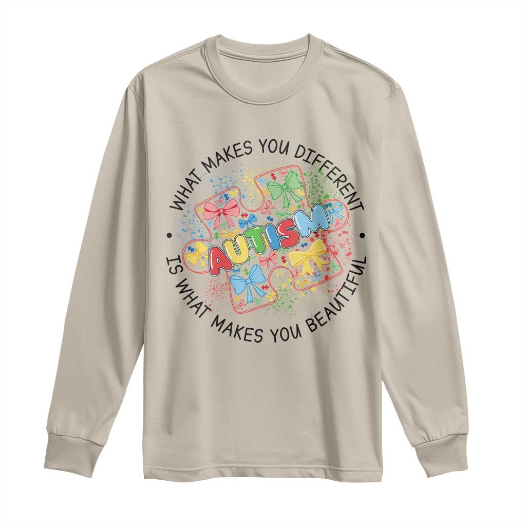 Funny Autism Awareness What Makes You Different Is What Makes You Beautiful Long Sleeve Shirt Coquette Puzzle TS11 Sand Print Your Wear