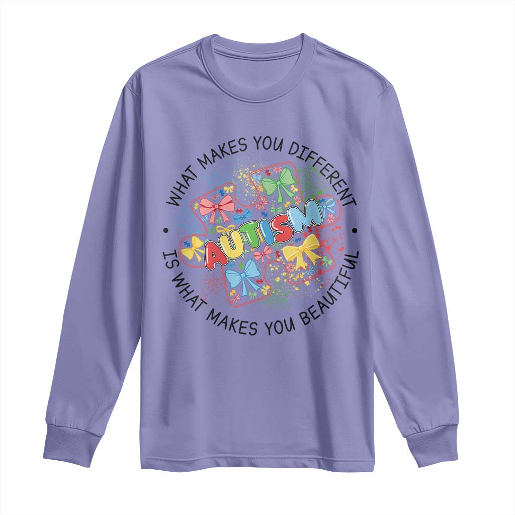 Funny Autism Awareness What Makes You Different Is What Makes You Beautiful Long Sleeve Shirt Coquette Puzzle TS11 Violet Print Your Wear