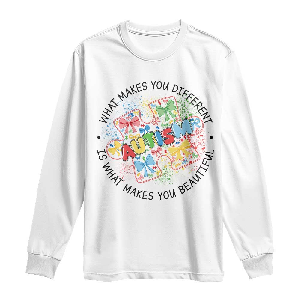 Funny Autism Awareness What Makes You Different Is What Makes You Beautiful Long Sleeve Shirt Coquette Puzzle TS11 White Print Your Wear