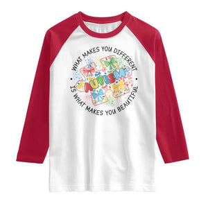 Funny Autism Awareness What Makes You Different Is What Makes You Beautiful Raglan Shirt Coquette Puzzle TS11 White Red Print Your Wear